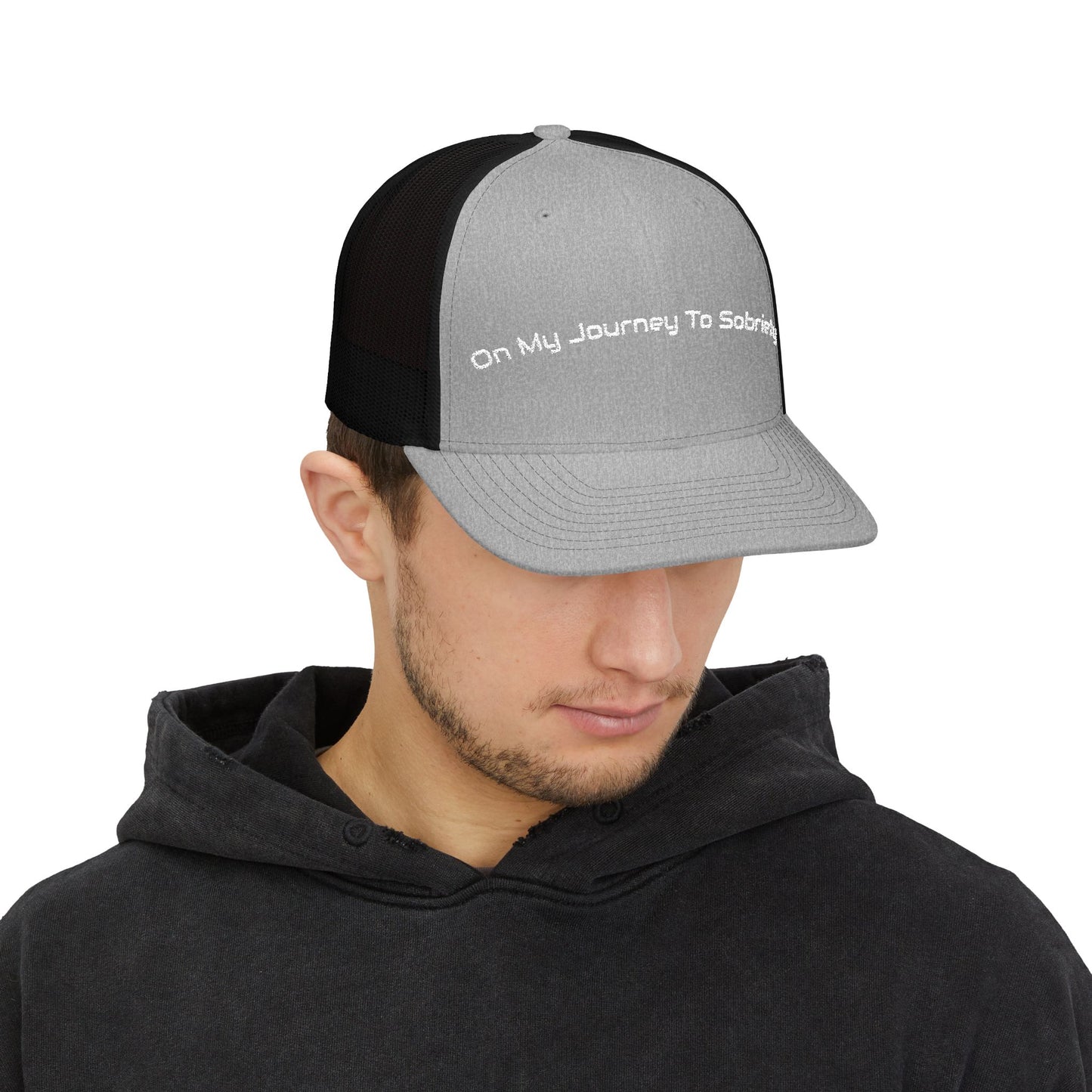 Snapback Trucker Cap - On My Journey to Sobriety, Recovery Gift, Empowerment Accessory, Inspirational Headwear, Supportive Hat
