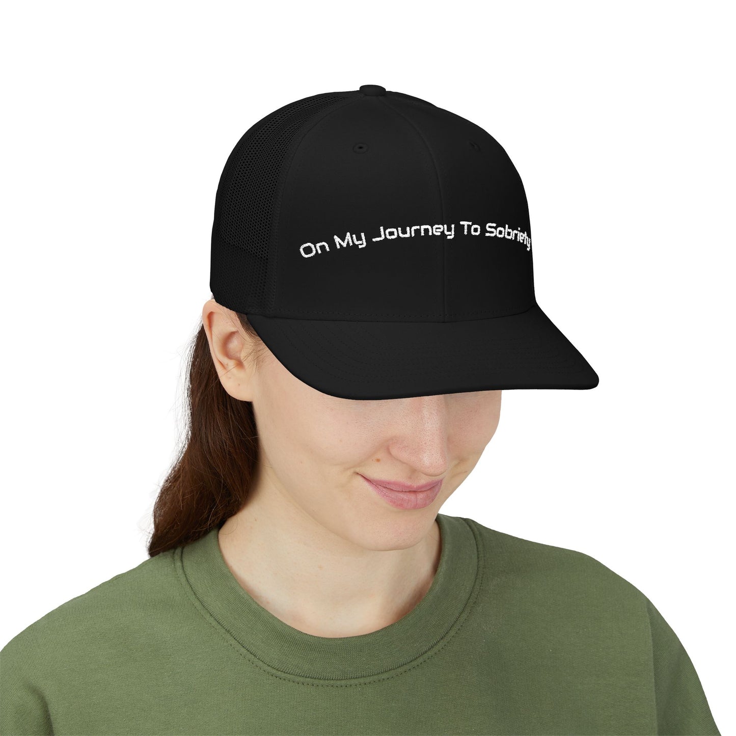 Snapback Trucker Cap - On My Journey to Sobriety, Recovery Gift, Empowerment Accessory, Inspirational Headwear, Supportive Hat