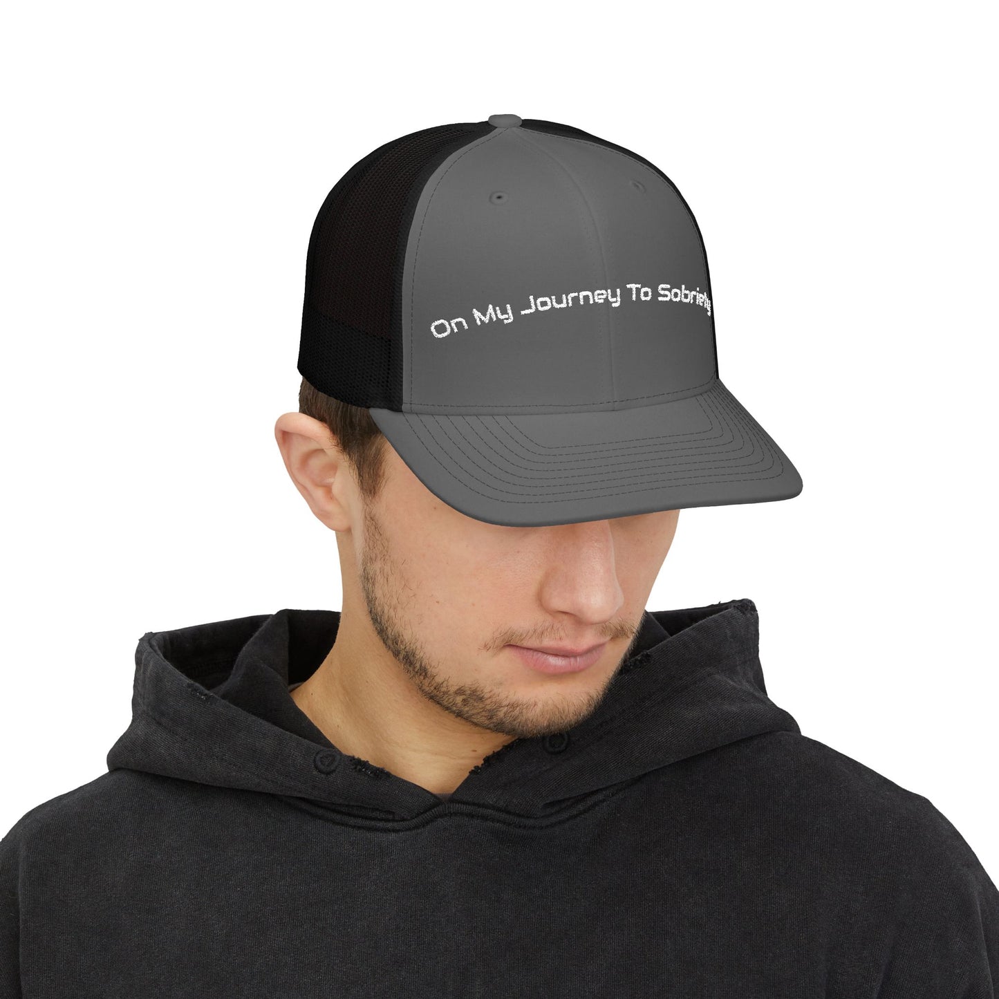 Snapback Trucker Cap - On My Journey to Sobriety, Recovery Gift, Empowerment Accessory, Inspirational Headwear, Supportive Hat