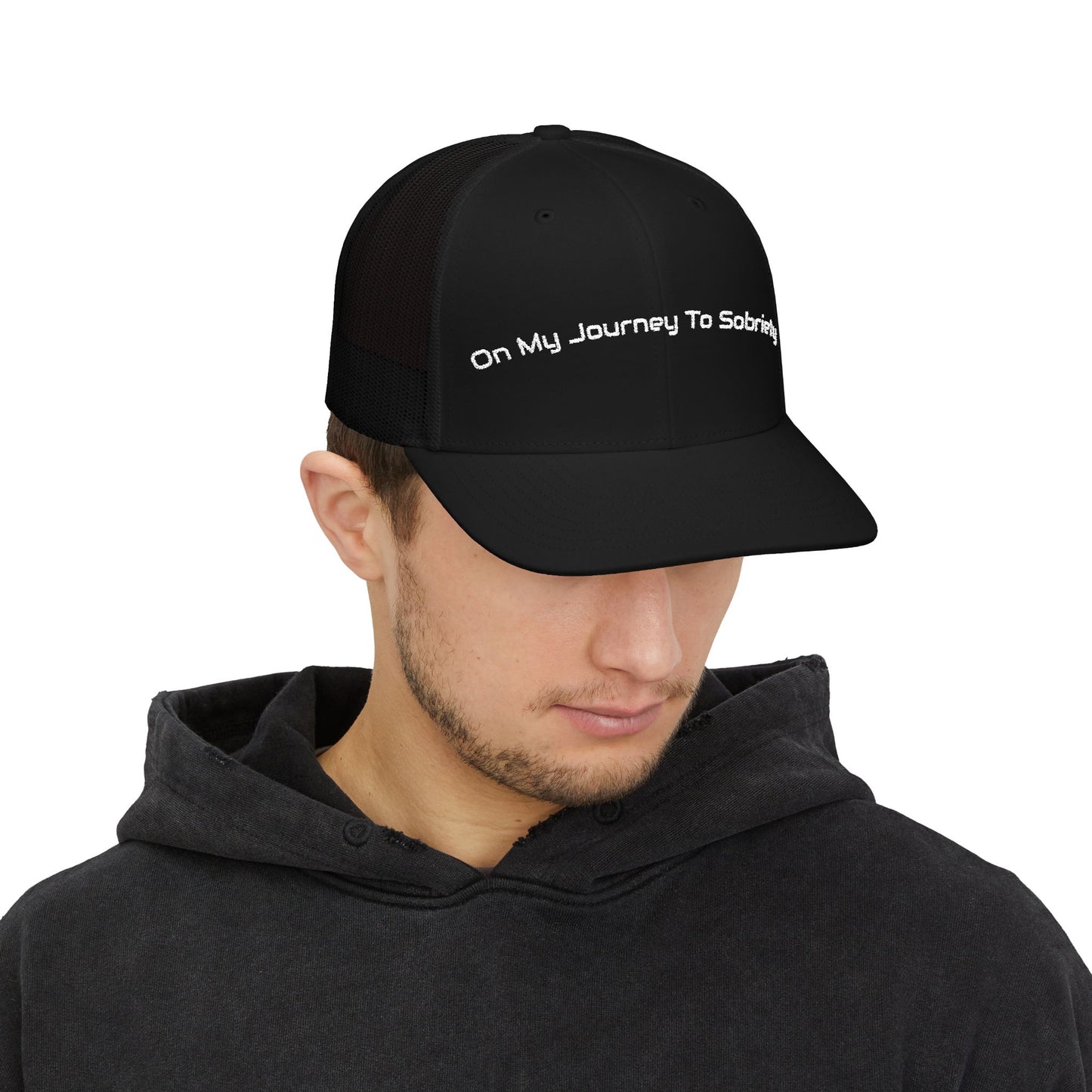 Snapback Trucker Cap - On My Journey to Sobriety, Recovery Gift, Empowerment Accessory, Inspirational Headwear, Supportive Hat